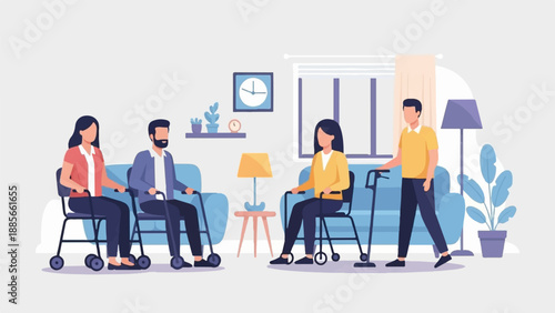 Diverse individuals with walkers share a living room space indoors