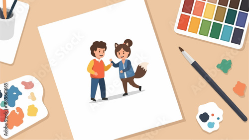 Creative playtime with colorful paints, brushes, and an illustration of friends