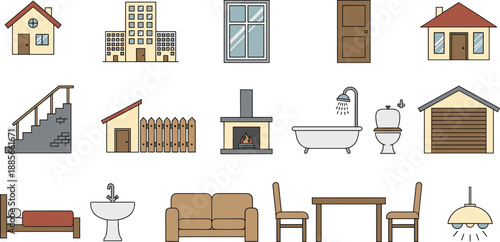 Home and building interior icons set, house furniture bathroom kitchen elements, modern flat design for residential architecture projects