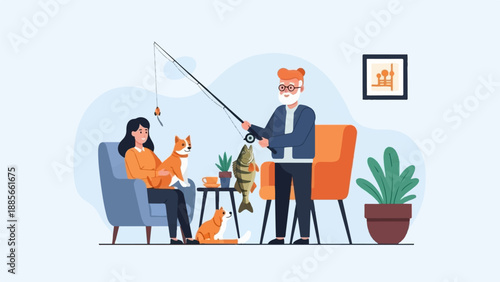 Elderly man fishing indoors with woman and dogs