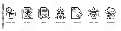 Career Agreements web banner icon vector illustration featuring Working Hours, Job Contract, Resume, Creative Team, Advertising, Career Choice, and Career Ladder.