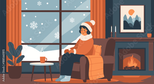 Woman Relaxing by Fireplace with Hot Beverage.