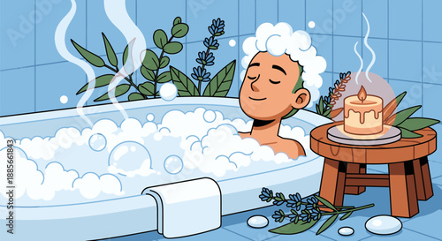 Woman Relaxing in a Soothing Bubble Bath.