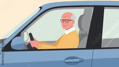 Elderly man with glasses happily drives a light blue car