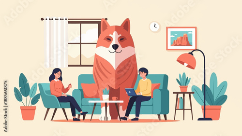 Cozy living room with giant dog, people on couches, and plants