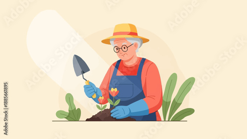 Elderly person gardening with a trowel, planting flowers