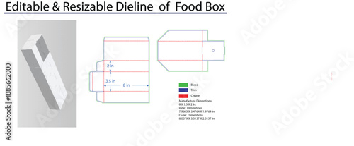 Editable and Resizable Dieline of a Food Box with Dimensions