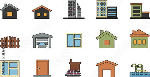 House and building icons set, residential homes apartments windows garages, modern flat design for real estate projects