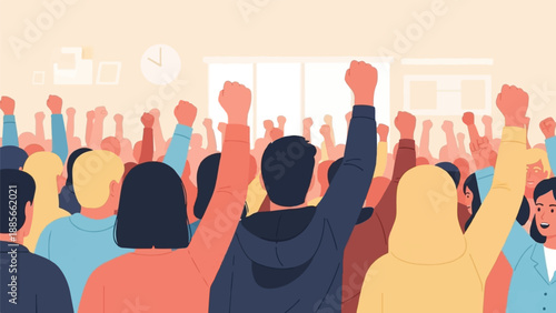 Crowd of diverse people raising their fists in unity and protest