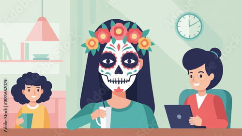 Diverse team members collaborating at desks, one with festive skull face paint