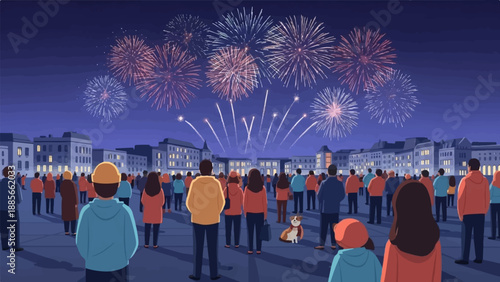 Crowd watches spectacular fireworks explode over city buildings at night