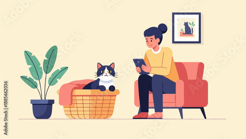 Cozy scene of person on couch with tablet, cat in basket, and plant