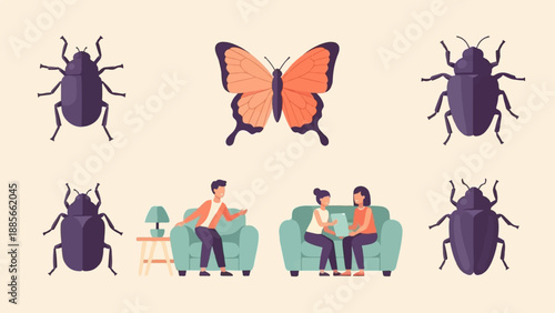 Diverse insects and people interacting on sofas in a minimalist illustration