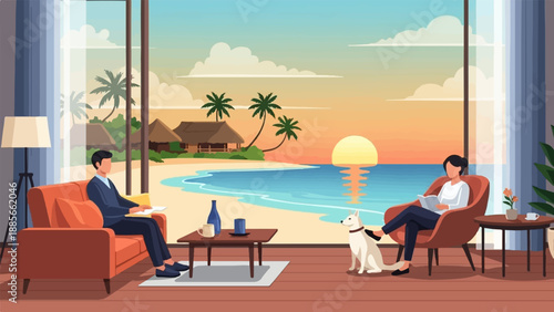 Cozy living room with beach view at sunset