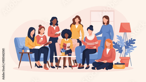 Diverse women gathered indoors, engaged in reading and conversation