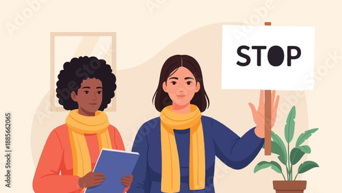 Diverse women with scarves hold protest sign and book