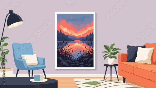 Cozy living room with armchair, sofa, and vivid sunset landscape art
