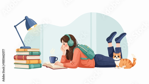 Cozy scene of a young person reading with headphones, a cat, and a lamp