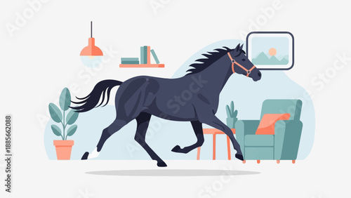Dark horse gallops through a stylized, modern living room setting