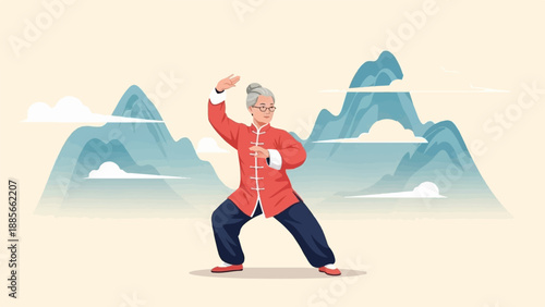 Elderly person in traditional attire practices martial arts with mountains and clouds