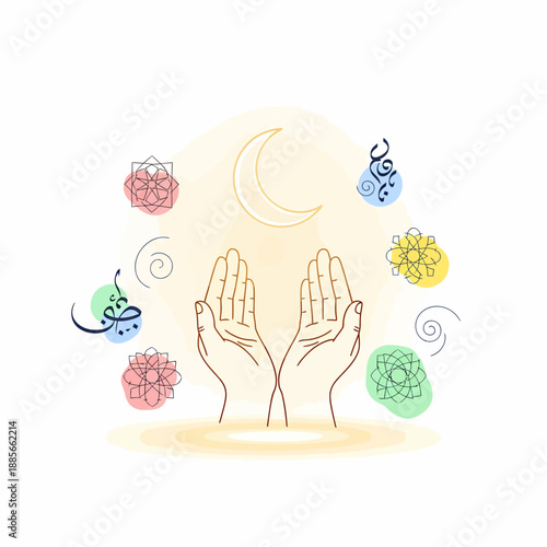 Hands Praying with Floral Elements and Crescent.