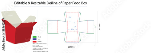 Red and beige paper food box with technical and dimensions