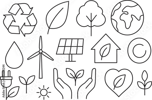 Essential eco-friendly icons representing sustainability, renewable energy, and nature conservation