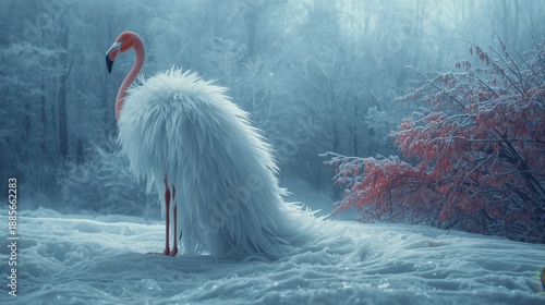 A surreal winter scene featuring a bright orange flamingo wearing a voluminous, floor-length white faux-fur coat, standing in a snowy landscape next to a frost-covered pink bush.