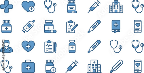 Medical healthcare icons set, doctor hospital medicine syringe symbols, modern flat design for clinics and health services