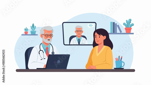 Doctor consults patient via video call, with another doctor on screen