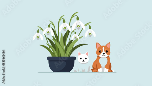 Cute animals beside a potted snowdrop plant with green leaves