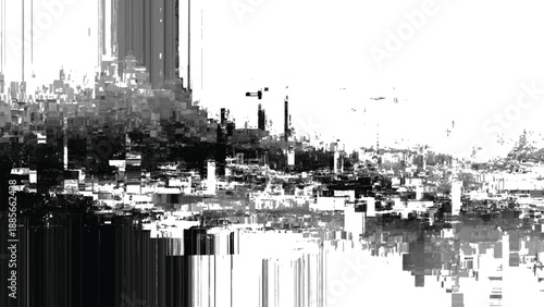 Glitchy cityscape with distorted buildings and skyline  urban landscape with digital error