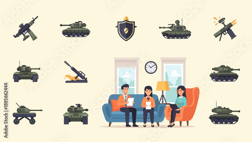 Diverse military vehicles surround a scene of people in a living room
