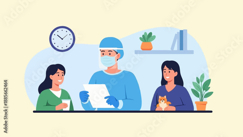 Doctor consults with two women, one holding a cup, another a small dog