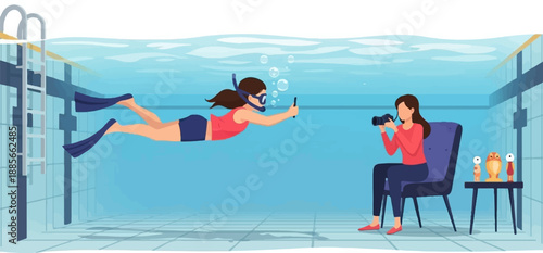 Diver taking selfie while being photographed by friend in a swimming pool