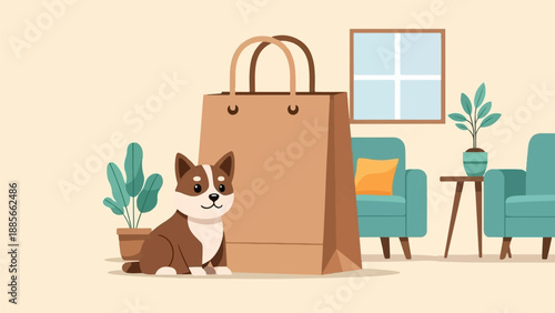 Cute puppy sits by a shopping bag in a living room setting