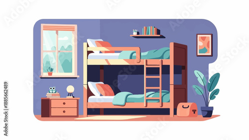 Cozy room with bunk beds, window view, and a playful owl on a nightstand