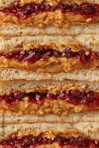 A vertical stack of four peanut butter and jelly sandwiches, showing thick layers of creamy peanut butter and dark red grape jelly between slices of white bread.