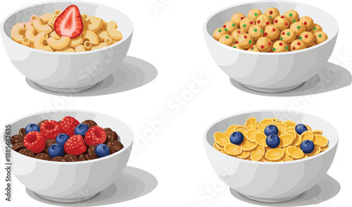 Breakfast cereal bowls with cornflakes, berries, chocolate and colorful sprinkles isolated on white background for food packaging and nutrition design