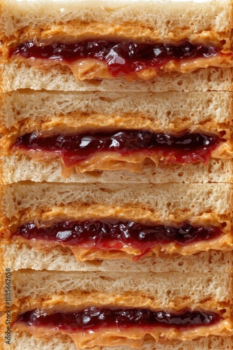 A vertical stack of four peanut butter and jelly sandwiches, showing thick layers of creamy peanut butter and dark red grape jelly between slices of white bread.