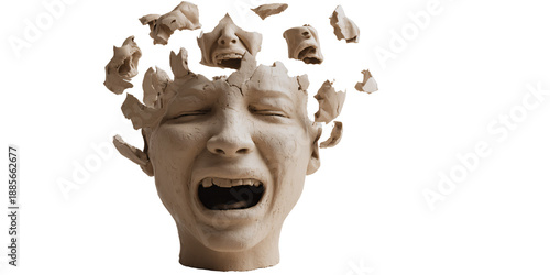 Terrified clay sculpture of a persons head exploding with fragmented faces, symbolizing mental breakdown and emotional distress