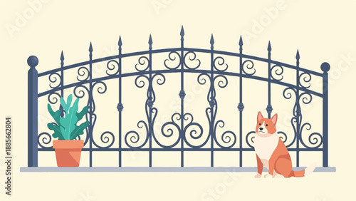 Cute cartoon corgi sits by a decorative metal fence with a potted plant