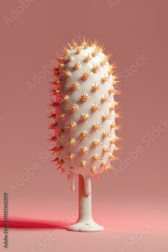 A surreal 3D digital artwork of a melting white popsicle covered in sharp, golden-brown thorns or spikes, set against a soft terracotta pink background.