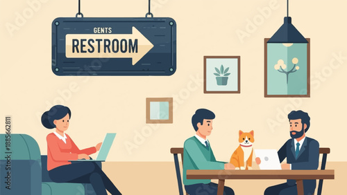 Diverse people and a dog in a modern lounge with office-like elements