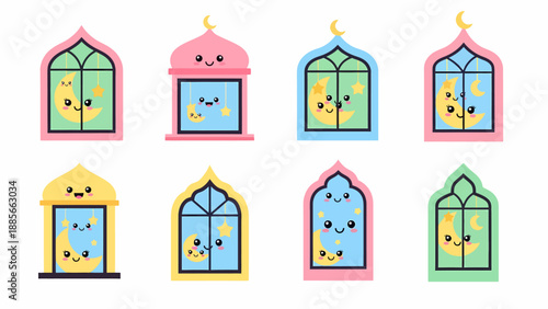 Colorful Cartoon Windows with Smiling Faces.