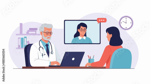 Doctor in office consults patient via video call, with clock
