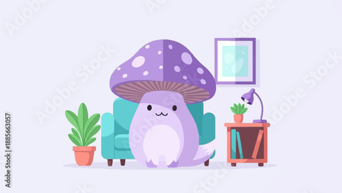 Cute mushroom creature sits on a sofa in a cozy room