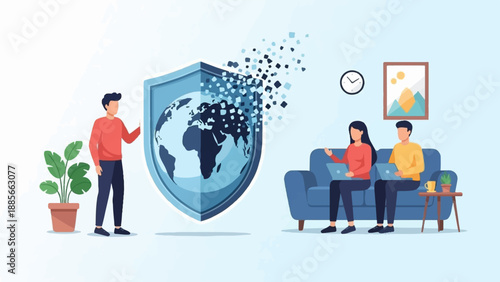 Digital protection people guard a breaking globe shield on couch