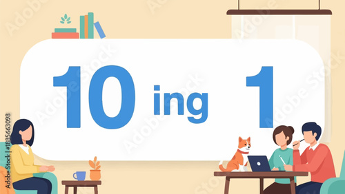 Diverse people and dog collaborate on a project at home, with numbers