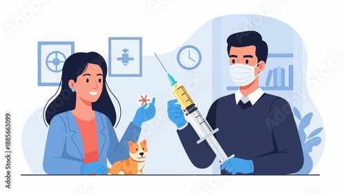 Doctor with syringe and small dog, medical icons, clock, and bookshelf